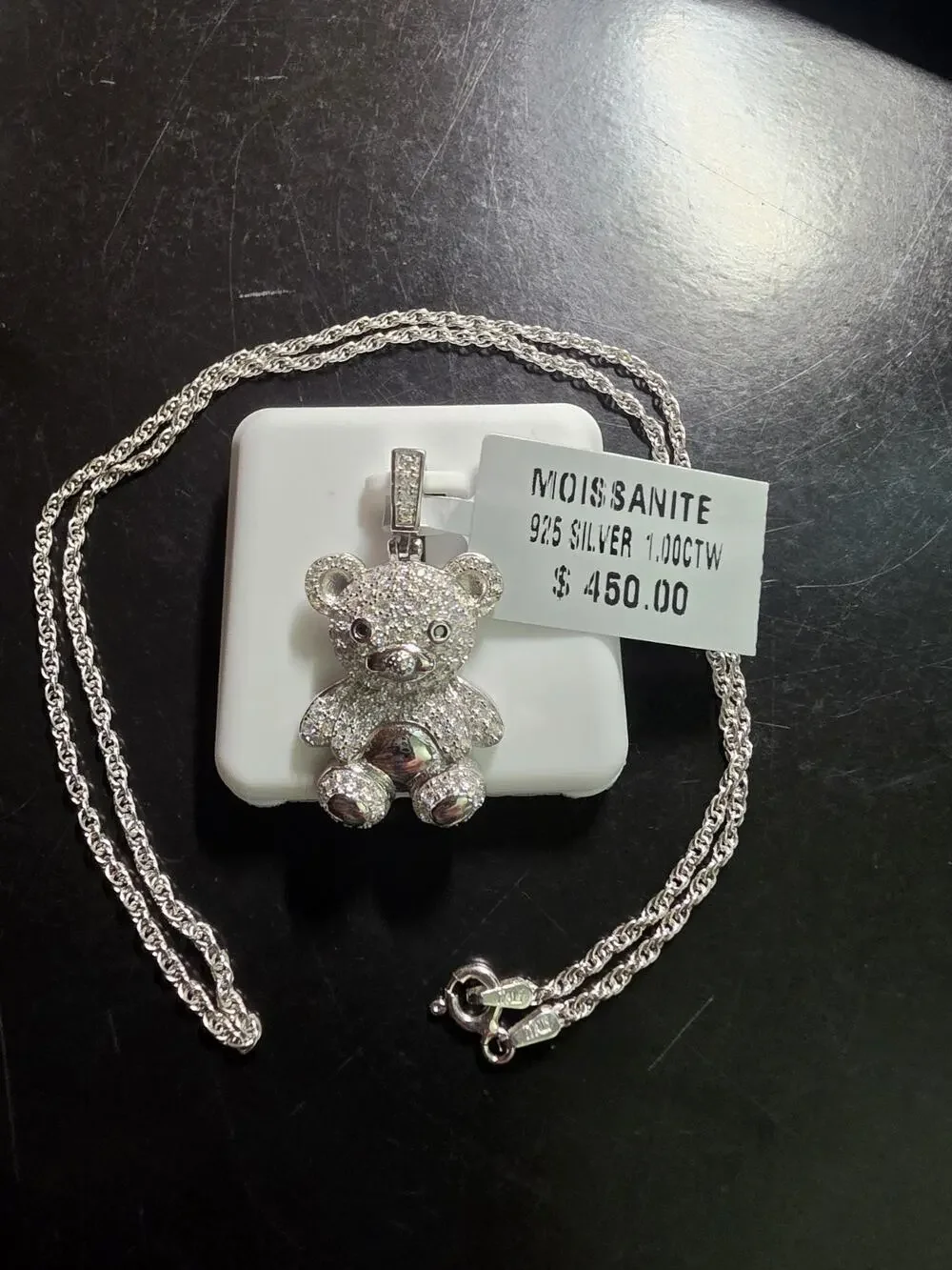 925 Sterling Silver Moissanite Teddy Bear Pendant Necklace 1.00 CTW 16 in chain